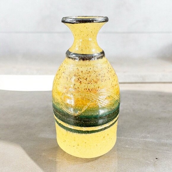 Studio Art Pottery Vase Bottle Shaped Vessel Hand Made Yellow Glazed Carved VTG - Picture 1 of 13